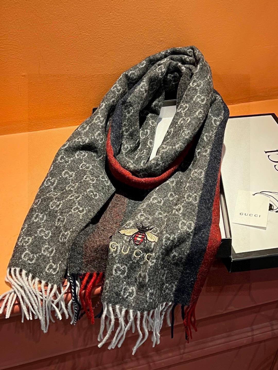 Gucci Cashmere Scarf Stripe Gray Red For Women 190cm