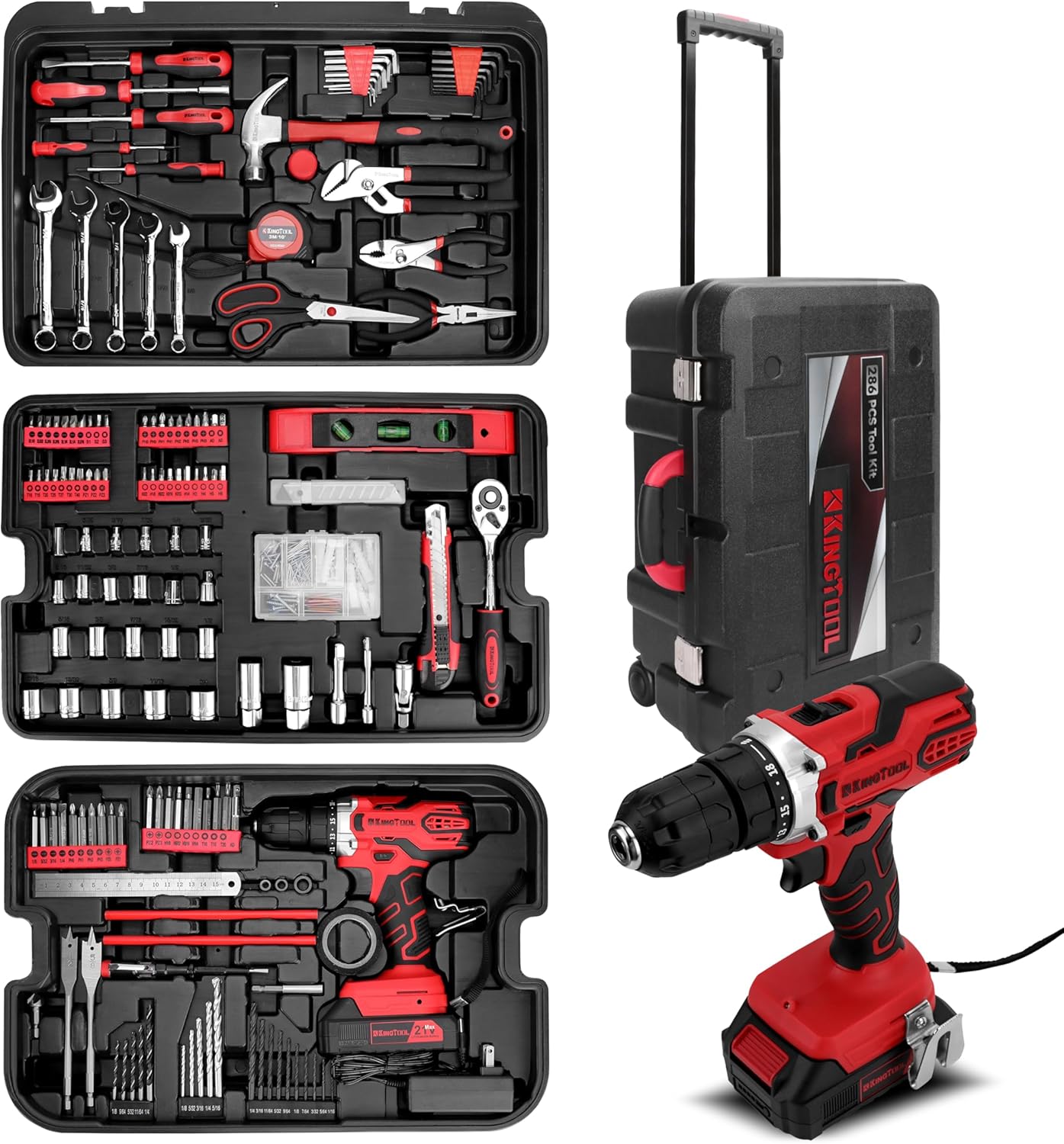 2026 KINGTOOL Home Tool Set Kit - 286 PCS Home Auto Repair Tool Kit with Rolling Tool Box, Mechanic Tool Sets with 21V Max Cordless Power drill, Perfect for Homeowner, Diyer, Handyman