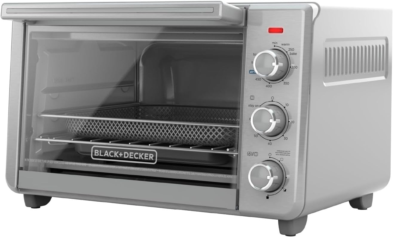 5-in-1 Air Fryer Toaster Oven, Fits 12′′ Pizza/6-Slice Toast, Convection Air Fry Tech, 60-Min Timer, Stainless Steel