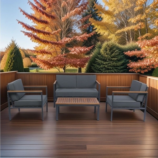 4 Piece Outdoor Sofa Set with Acacia Wood Top,Padded Patio Conversation Table Chair Set w/Coffee Table
