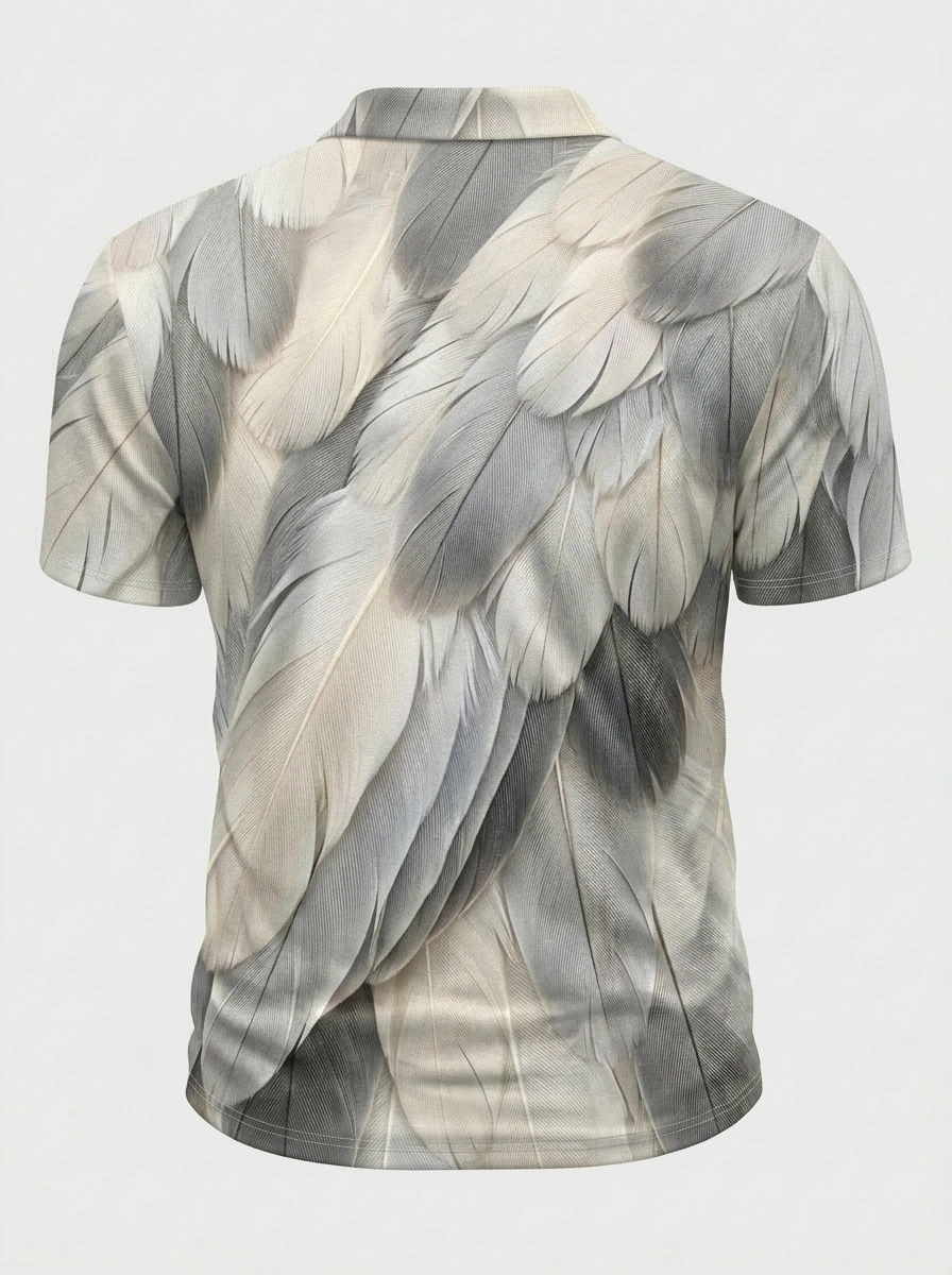 Moisture Wicking Golf Polo 3D Gray White Feather Button Short Sleeve Golf Polo Shirt