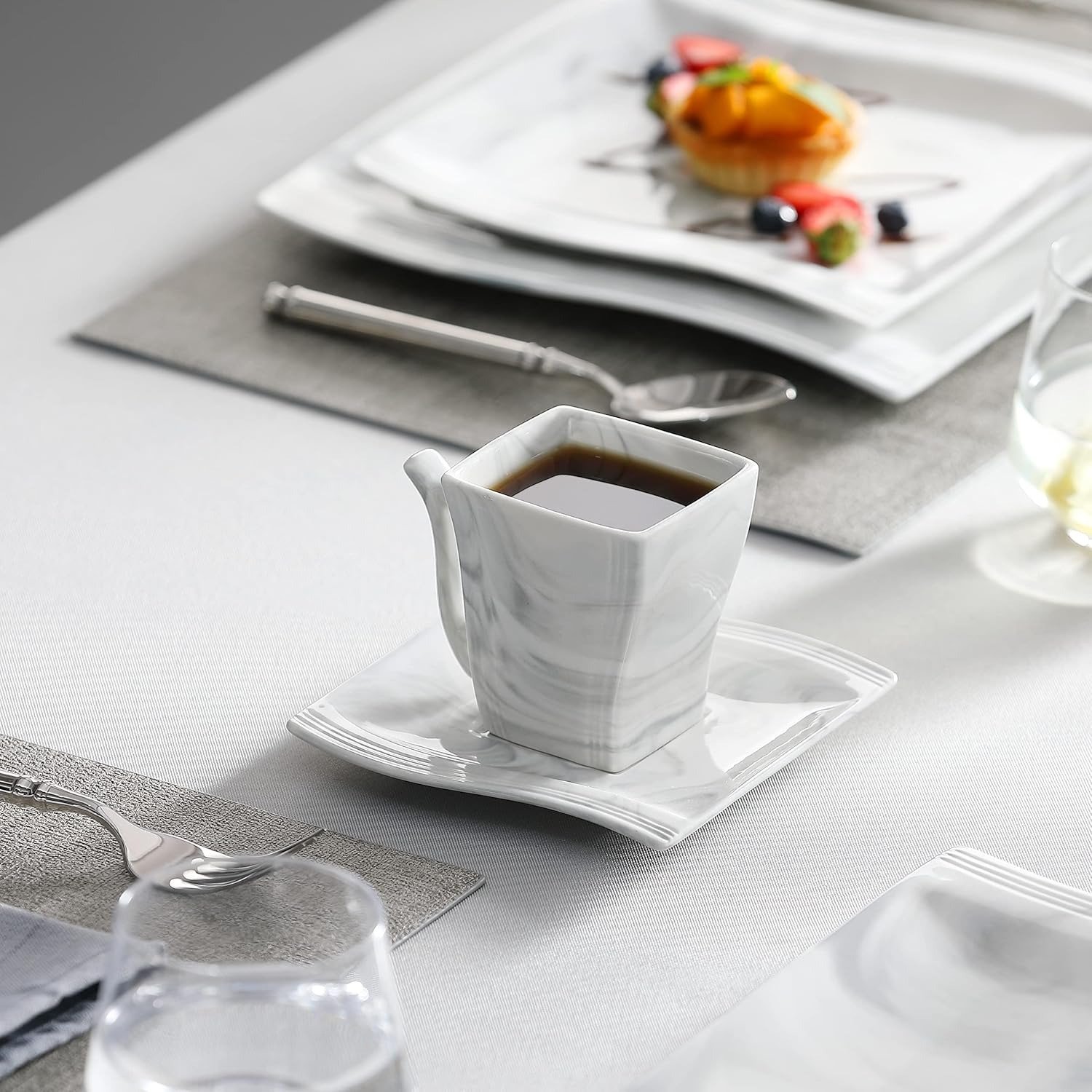 30 Piece Porcelain Dinnerware Set for 6 Marble Grey Square Wavy Design Microwave Dishwasher Safe