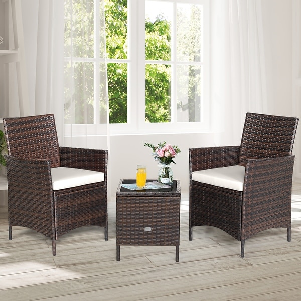 Costway 3PCS Patio Rattan Furniture Set Cushioned Sofa Glass Tabletop
