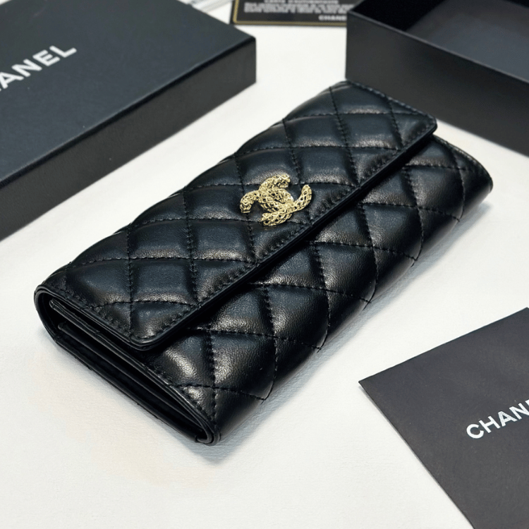 Chanel Quilted Long Flap Wallet Black 7.7 Inches