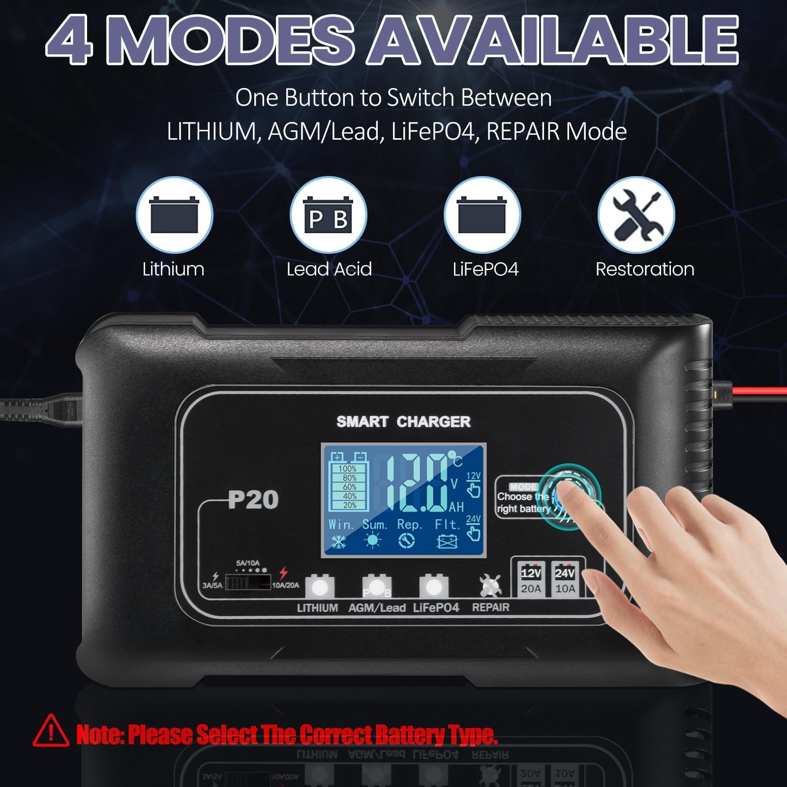 20 Amp Car Battery Charger,12V and 24V LiFePO4 Battery Charger (AGM/SLA/Gel/Wet/VRLA),Trickle Charger for Optimal Performance of Automotive,RV,Lawn Mower,Golf Cart,and Marine Batteries