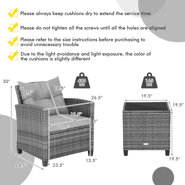 3PCS Patio Rattan Furniture Bistro Set Cushioned Sofas Side Table