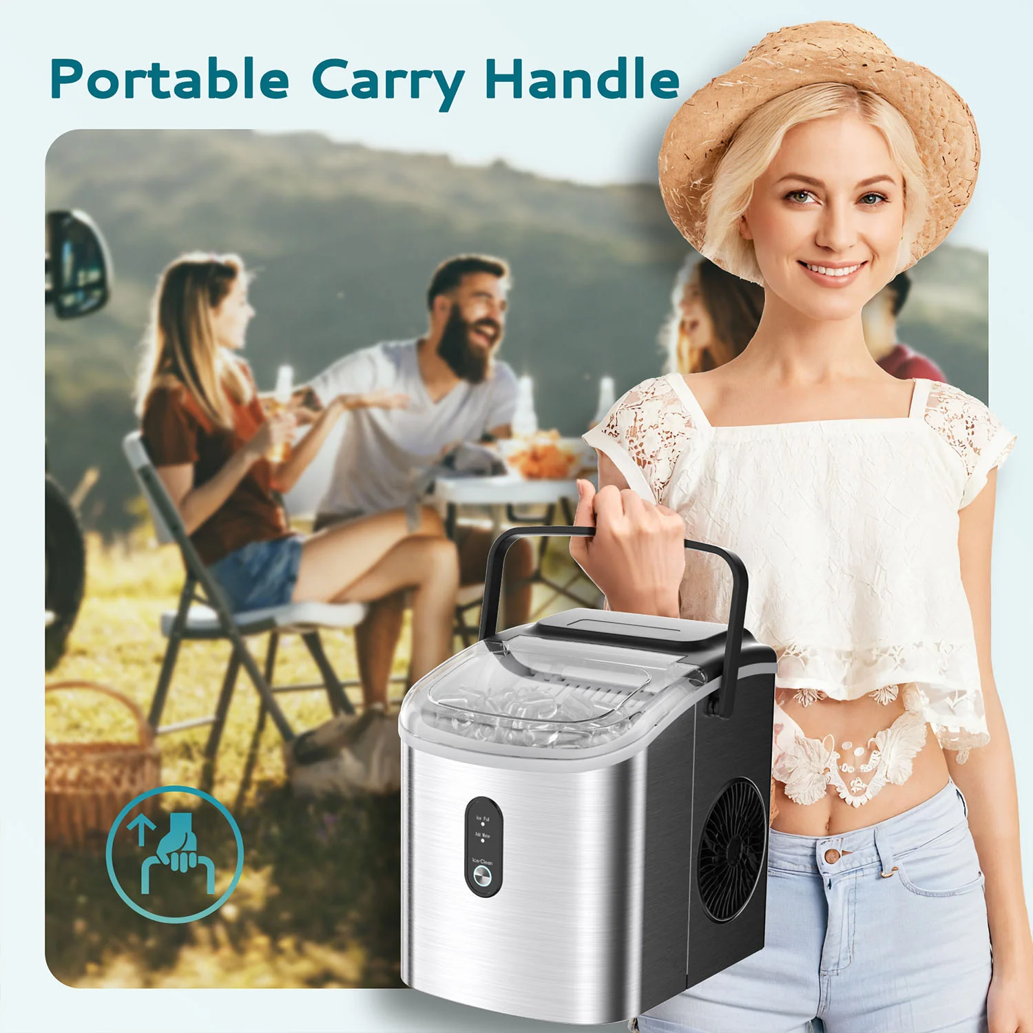 Countertop Ice Maker Machine with Handle 26.3lbs per Day 9 Cubes in 6 Mins