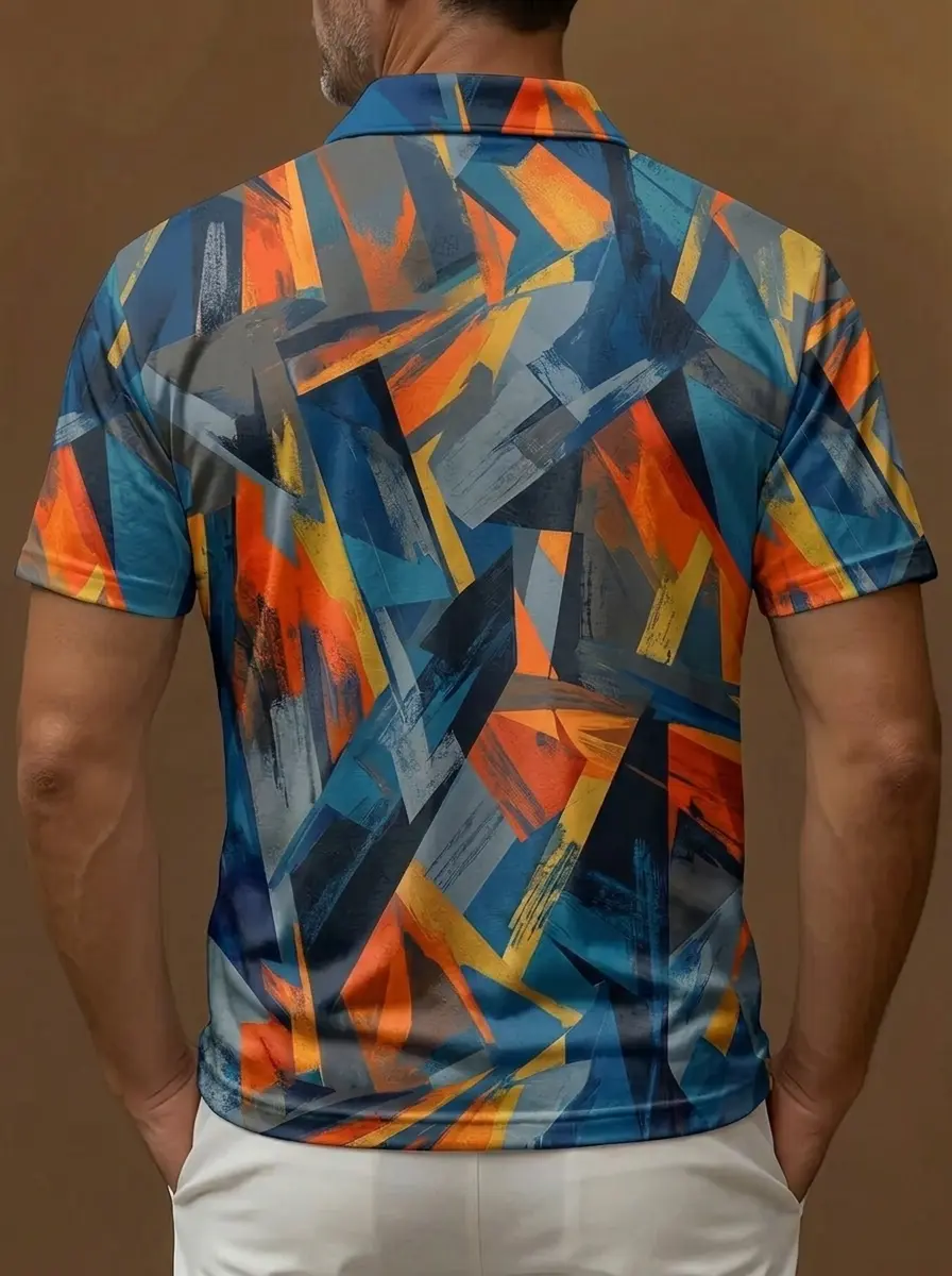 Blue Orange Yellow Abstract Brushstroke Print Short Sleeve Golf Polo Shirt