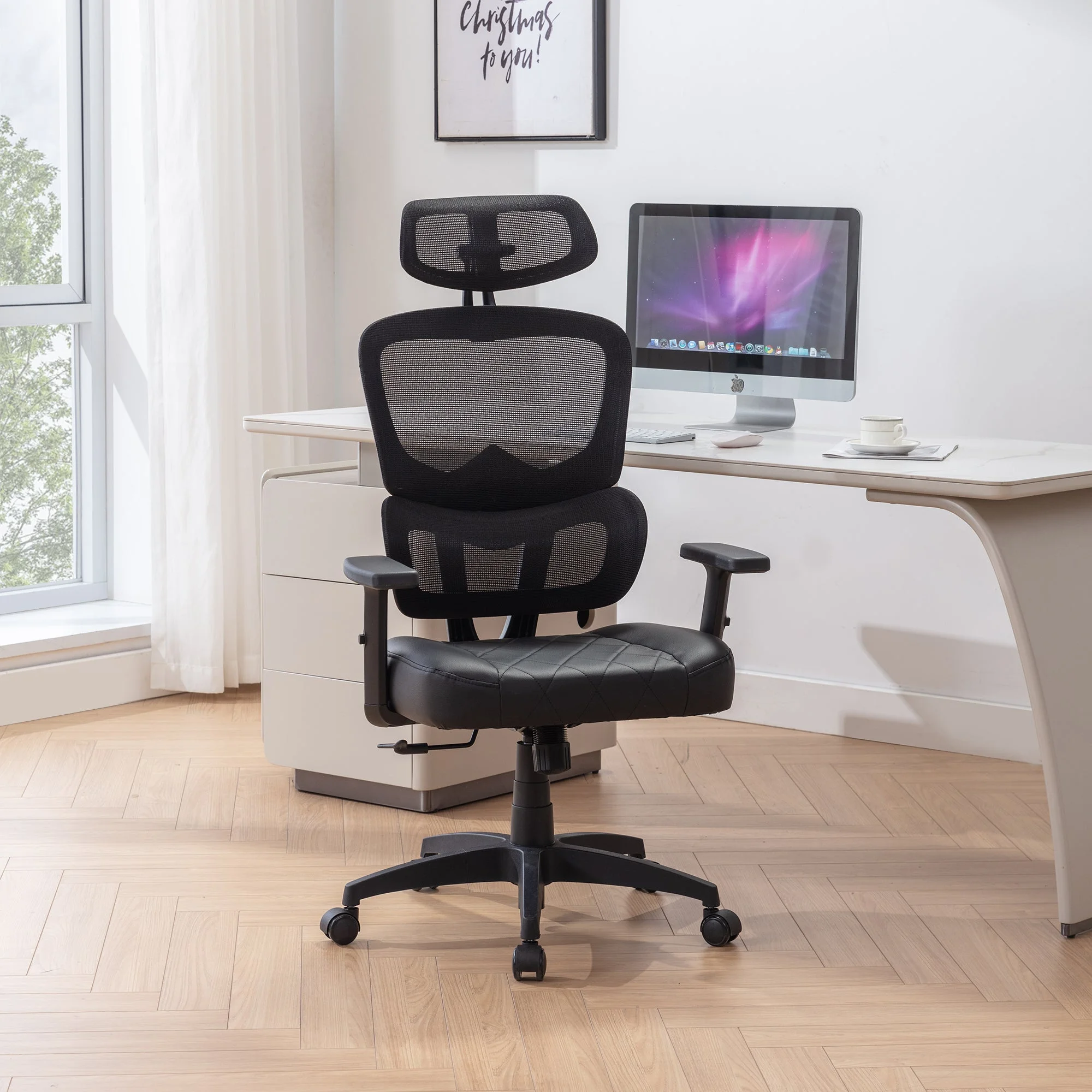 VECELO Ergonomic Office Chair, High Back Desk Chair with Footrest, Mesh Back Rolling Computer Chair, Comfortable Lumbar Support for Home Work, Black