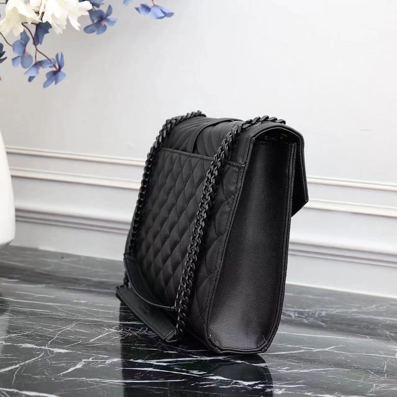 Saint Laurent Envelope Large Bag In Mix Matelasse Grain De Poudre Embossed Leather Black 31Cm