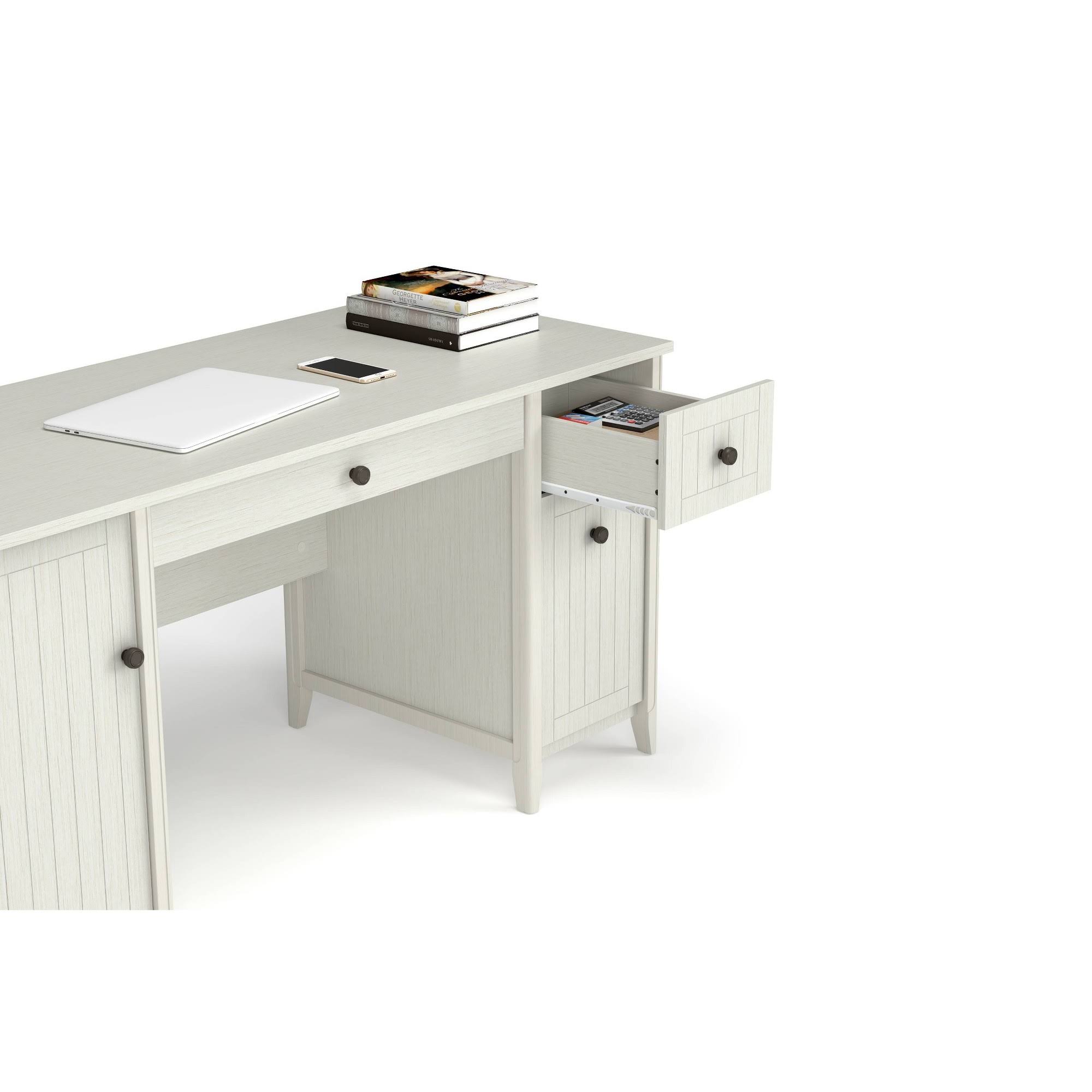 Quarters u0026 Craft High-Tide Collection Home Office 57x22 Computer Desk, with Drawers, in Weathered White (QC57BWH)