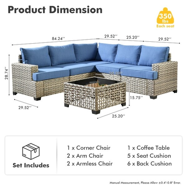 OVIOS 6 Pieces T shaped Seat Wide Armrest Set With SolarPowered Coffee Table