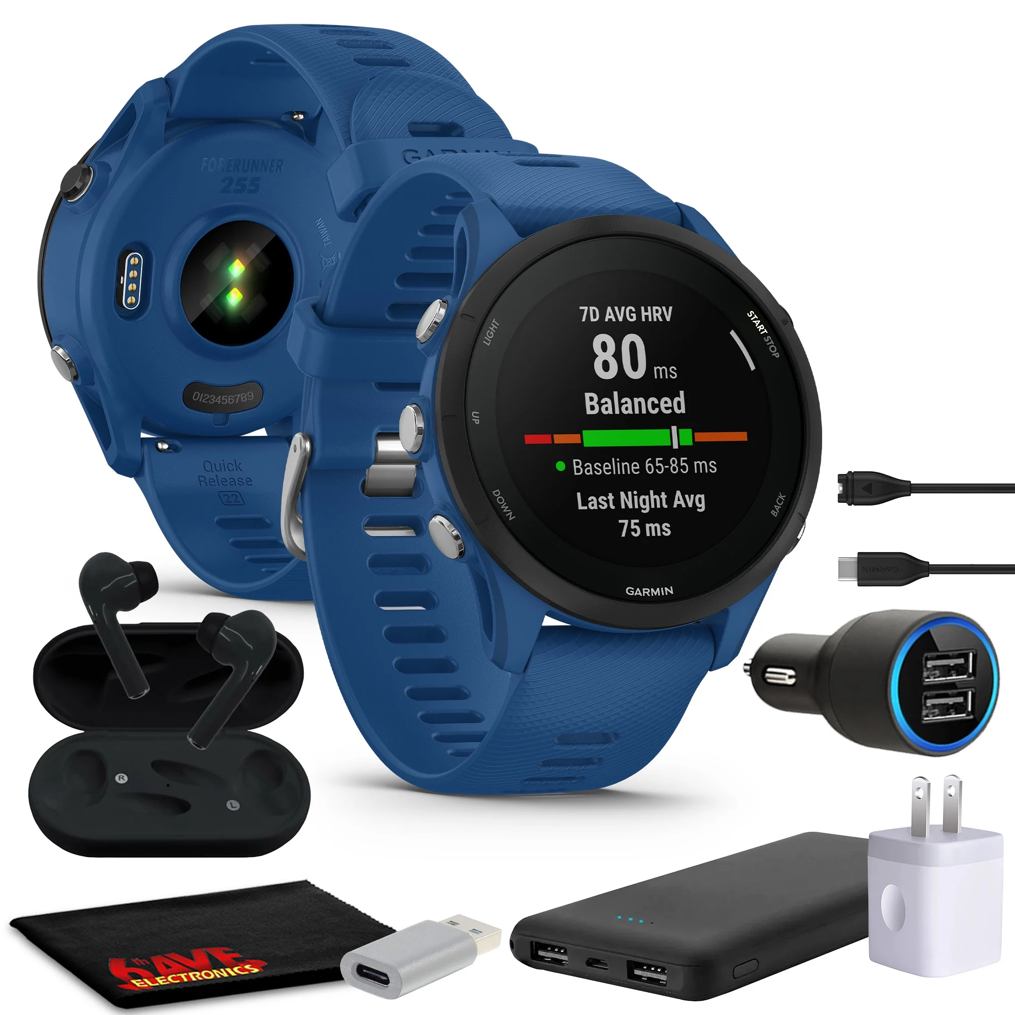 Garmin Forerunner 255 GPS Running Smartwatch, Advanced Insights, Long-Lasting Battery, 46MM Fitness Smart Watch for Men and Women, Tidal Blue, Bundle With Portable Charger And More
