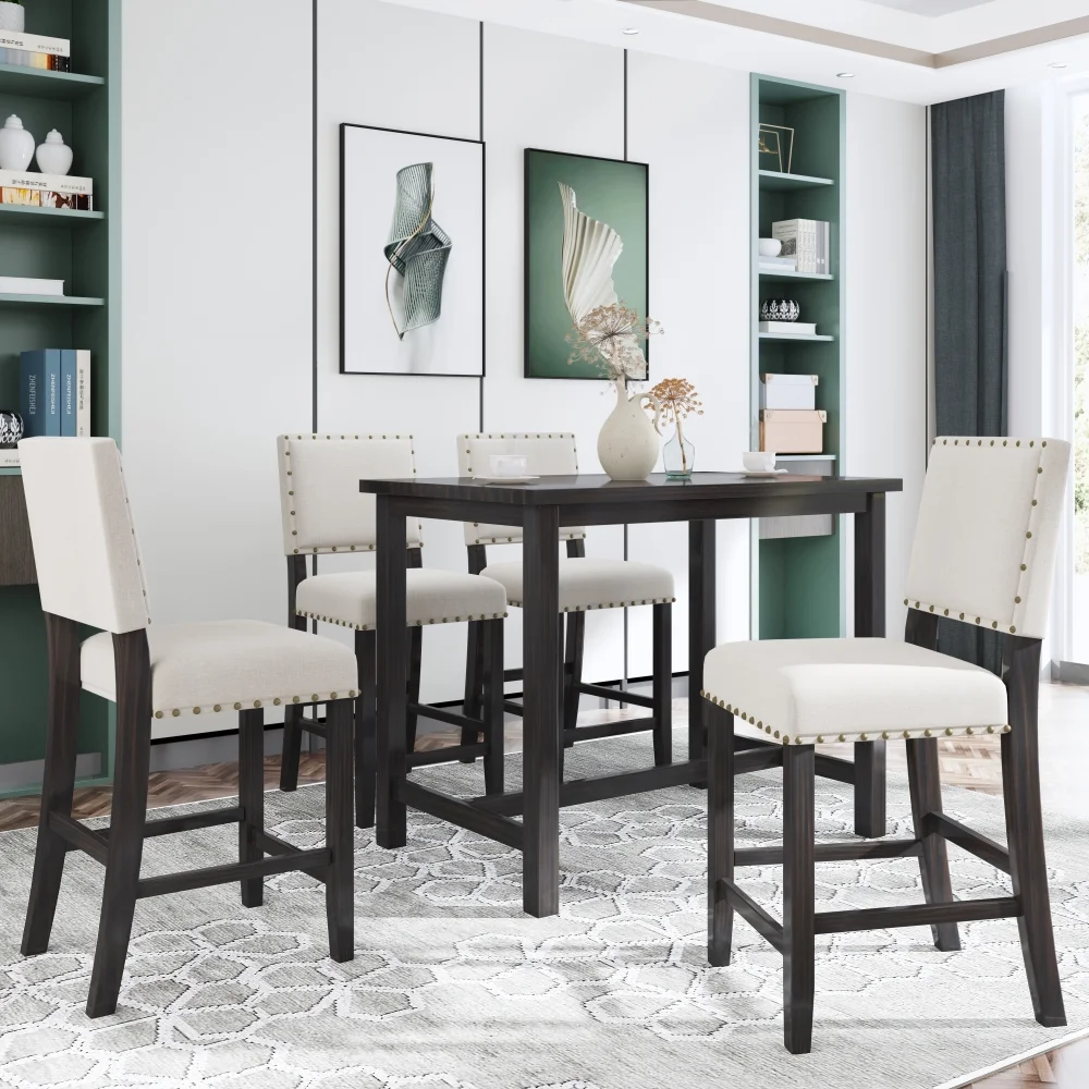 5 Piece Dining Table Set, Dining Table and Chairs Set, Rustic Wooden Counter Height Dining Table Set with 4 Upholstered Chairs for Small Places, Espresso+Beige