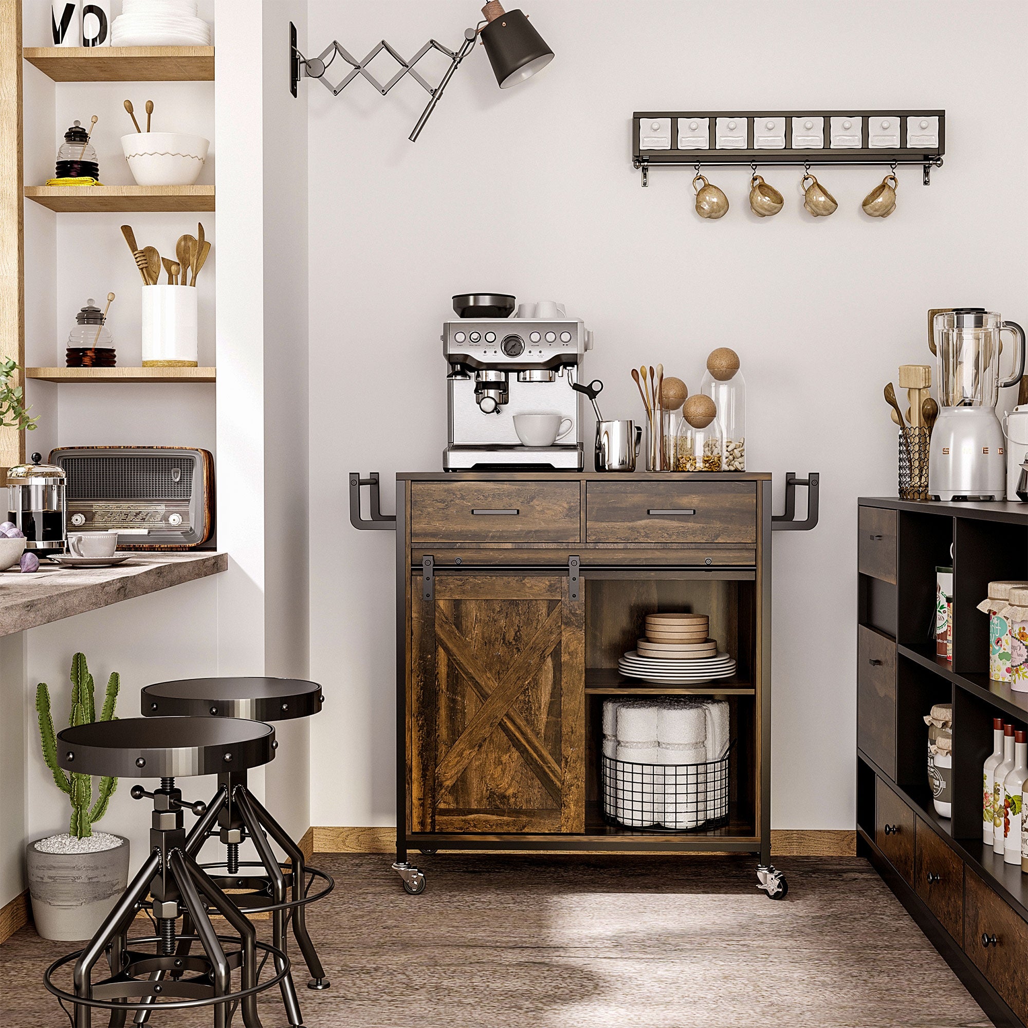 HOMCOM Rustic Farmhouse Kitchen Cart, Rolling Storage Island with Adjustable Shelf, Two Drawers, Sliding Barn Door Cabinet and Towel Rack, Rustic Brown