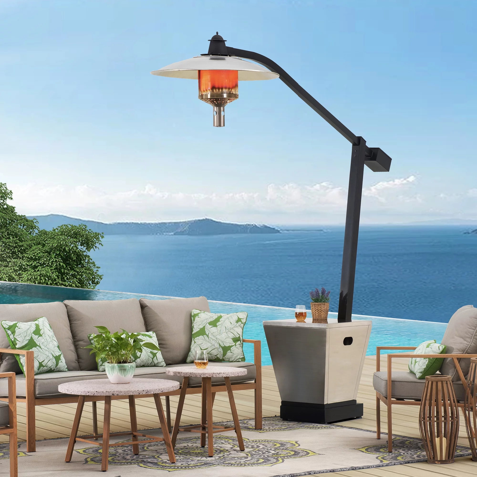 Sunjoy AmberCove Cartwell 45,000 BTU Matte Black Steel Outdoor Patio Portable Offset Propane Gas Heater with Wheels and Table Top for Commercial & Residential Use