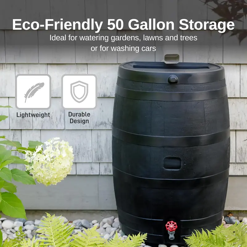 RTS Eco Rain Barrel – 50-Gallon Flat-Back Collection Tank Made from 100% Recycled Plastic (Black)