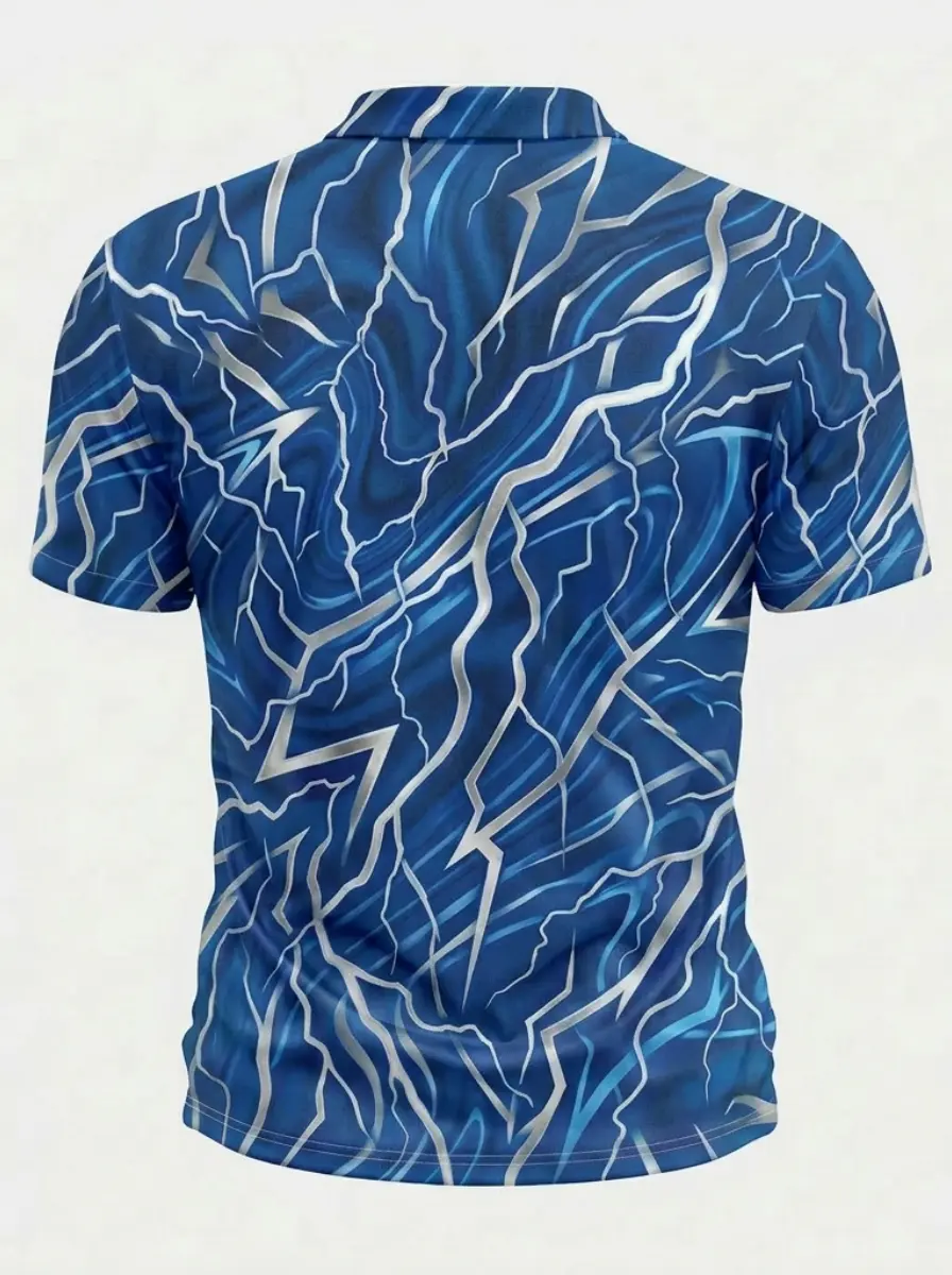 Moisture Wicking Golf Polo 3D Blue Silver Lightning Marble Pattern Button Short Sleeve Golf Polo Shirt