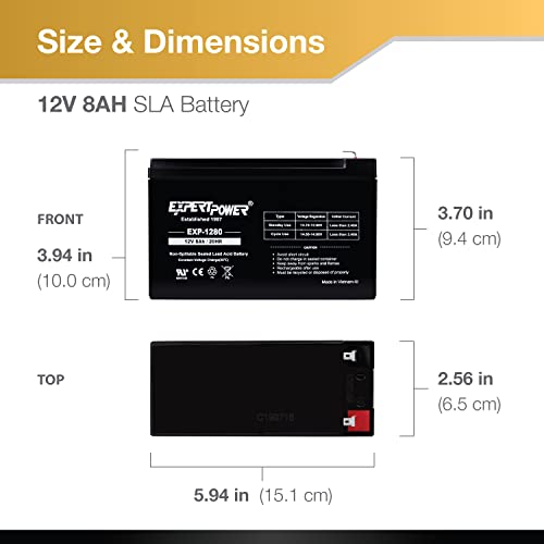 ExpertPower® 12V 8AH Sealed Lead Acid (SLA) Battery Replacement for APC Back-UPS ES 550VA Back-UPS Pro 1300/1500 Liftmaster CSL-24VDC Slider Gate Opene - F2 Terminals