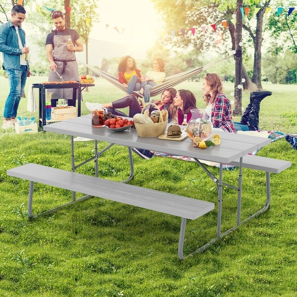 Folding Picnic Table Set with Metal Frame and AllWeather HDPE Tabletop,Umbrella Hole
