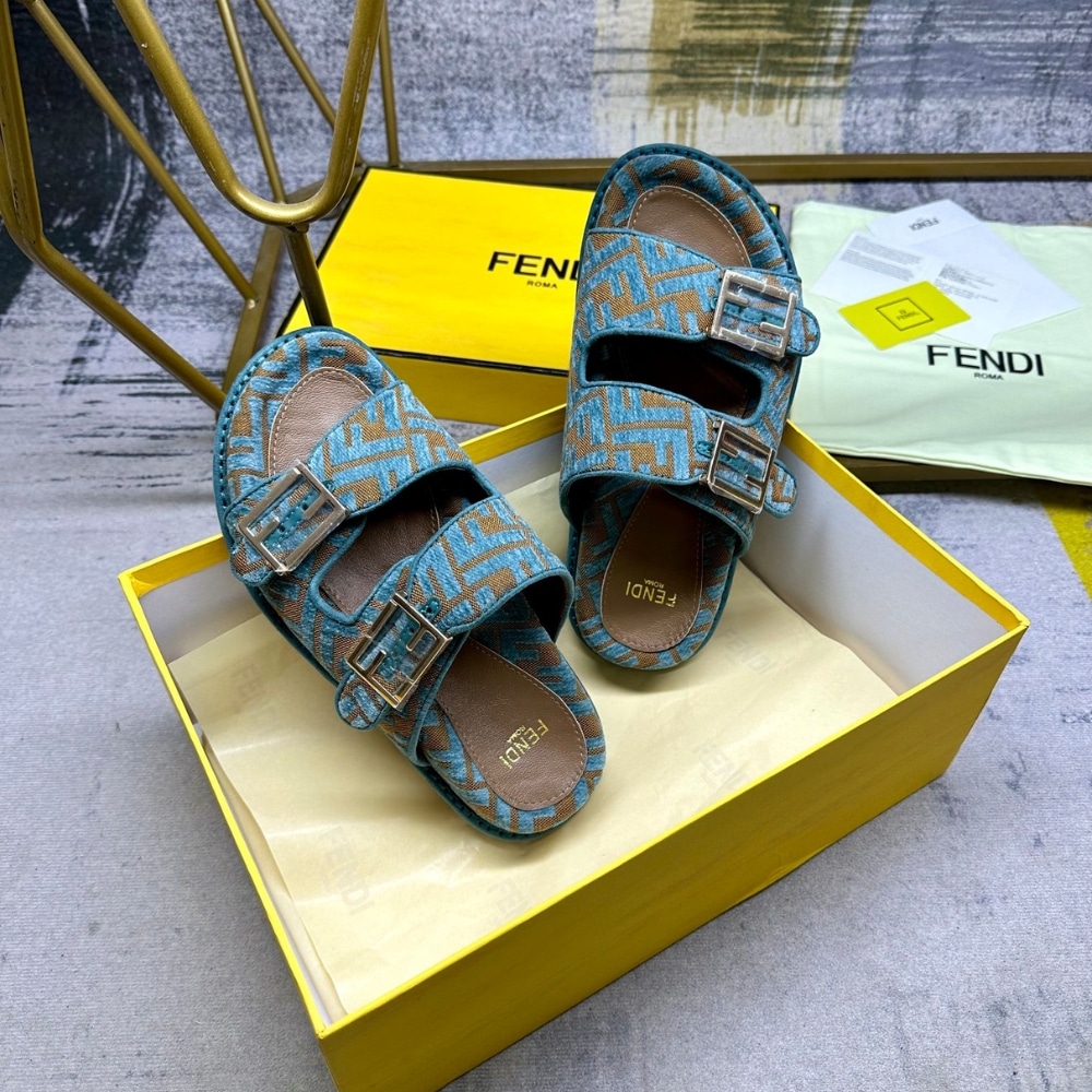 Fendi Feel Ff Jacquard Velvet Slides Light Blue 8X8326Aotmf1R88