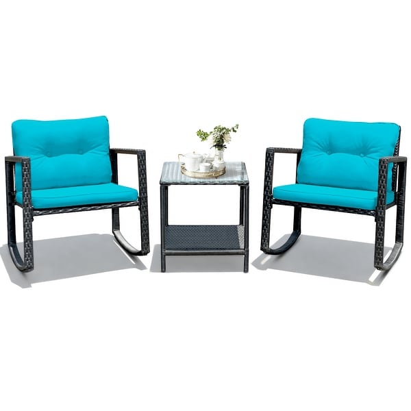 Gymax 3PCS Rattan Rocking Chair Table Set Patio Furniture Set w/ Blue