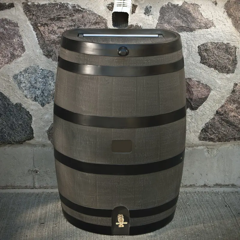 RTS Home Accents Polyethylene 50 Gallon Flat Back Brass Spigot Rain Barrel, Woodgrain with Black Stripes Color