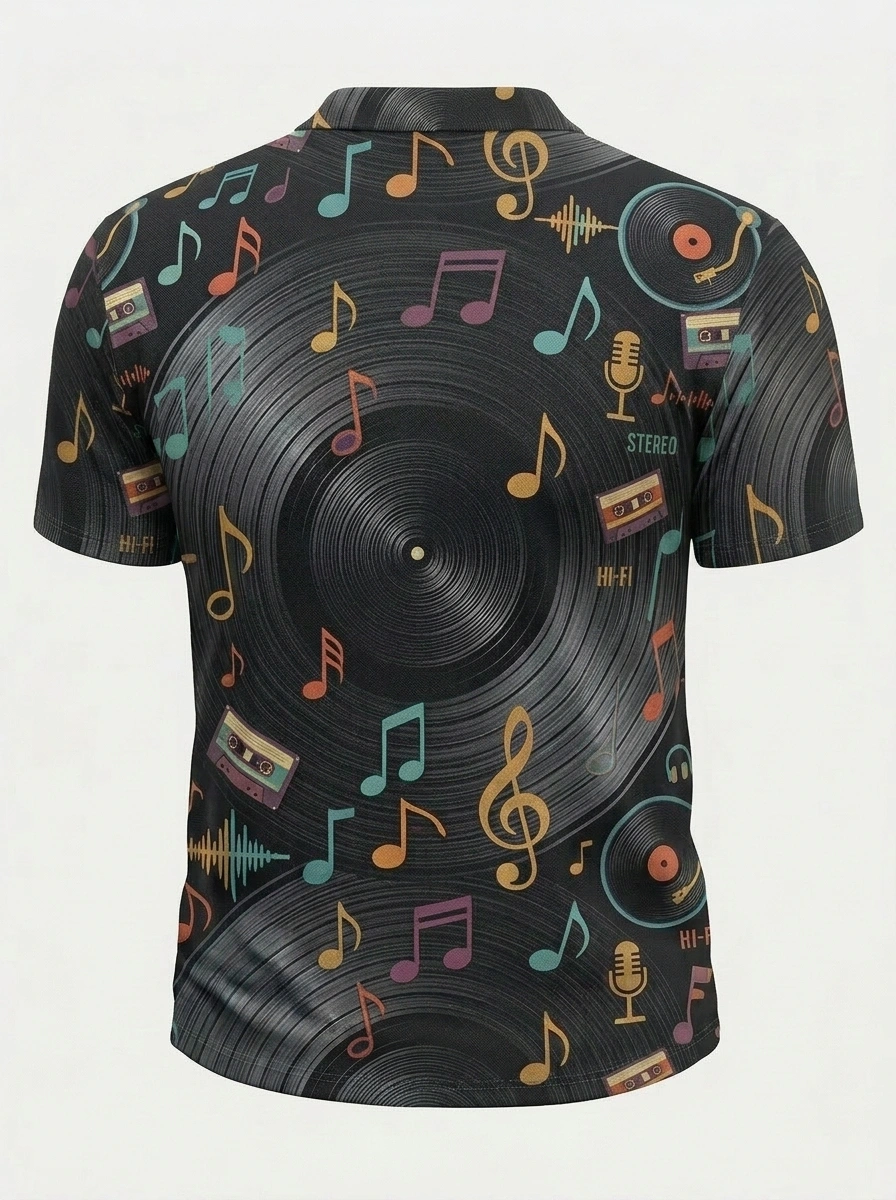 Moisture Wicking Golf Polo 3D Black Music Note Vinyl Button Short Sleeve Golf Polo Shirt