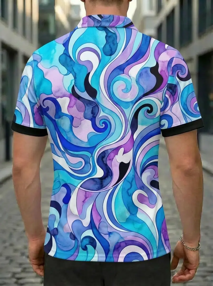 Moisture Wicking Golf Polo 3D Blue Purple Turquoise Swirl Watercolor Button Short Sleeve Golf Polo Shirt
