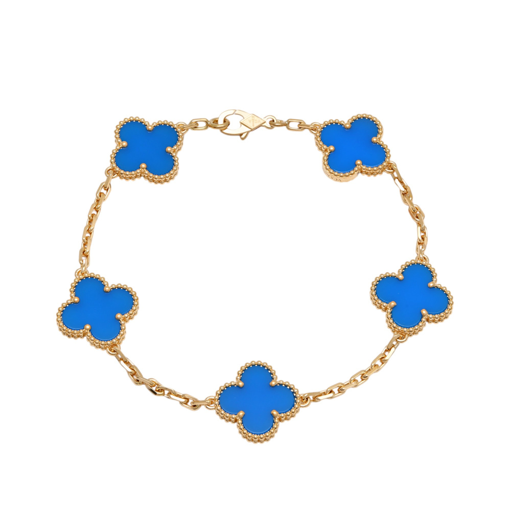 Van Cleef & Arpels Vintage Alhambra 5 Motifs Bracelet 18K Yellow Gold Blue Agate VCARP34900