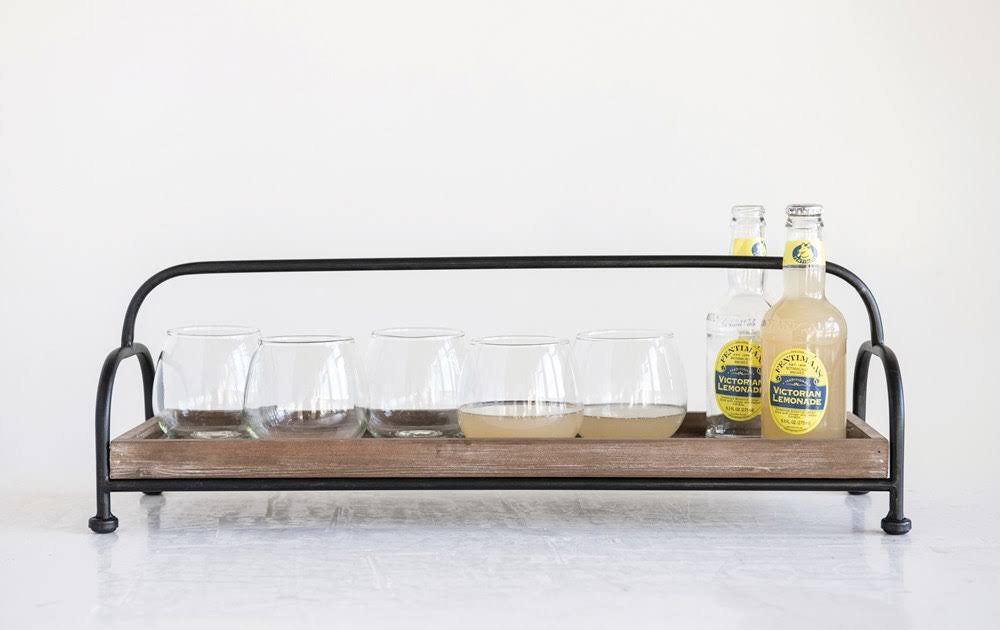 Rectangle Brown Wood Tray with Black Metal Stand