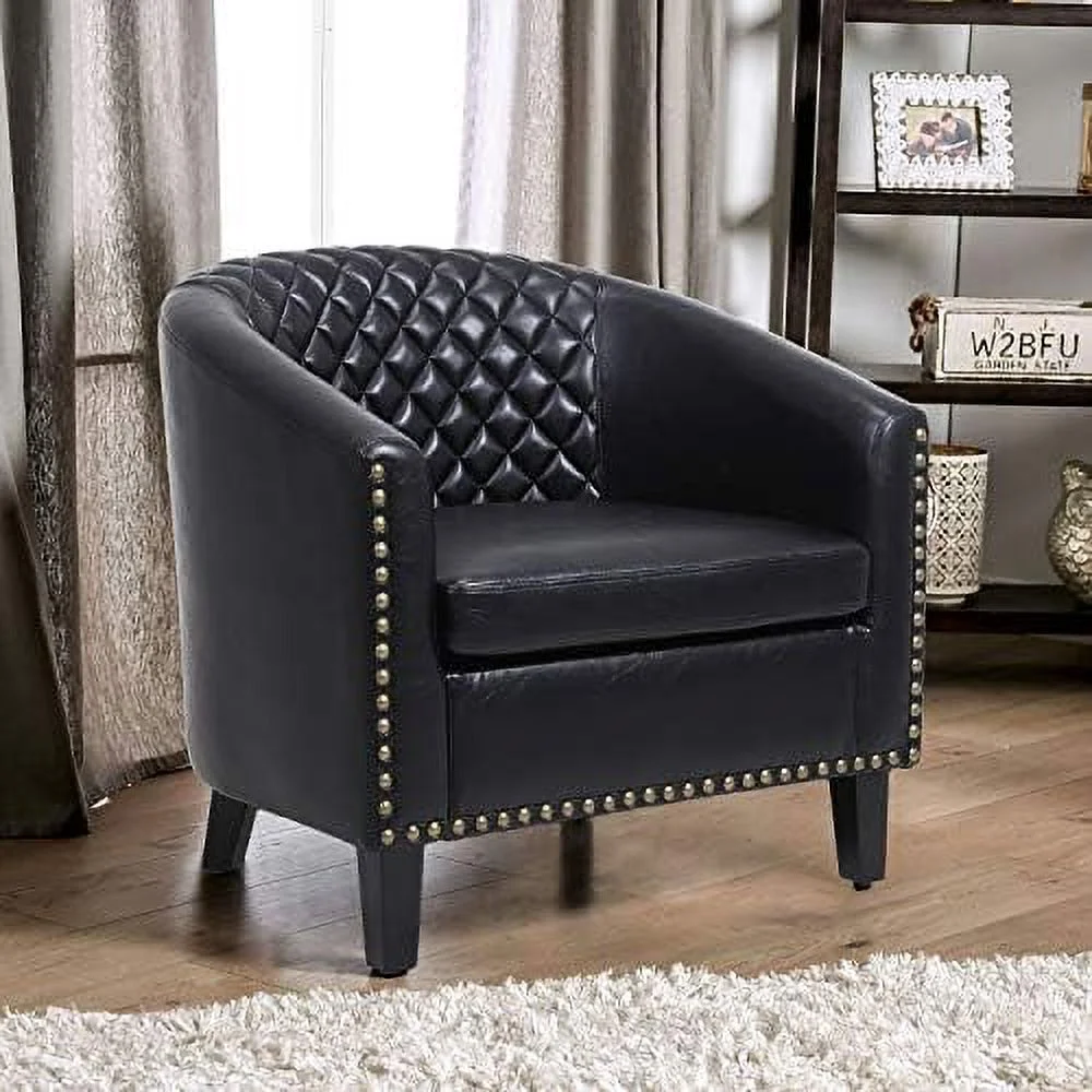 HOOMHIBIU Classic Brown Leather Upholstered Accent Arm Chair Soft Barrel Club Chairs for Living Room Comfy Single Sofa Office Guest Chatting Chair with Solid Wood Legs and Nailhead for Be