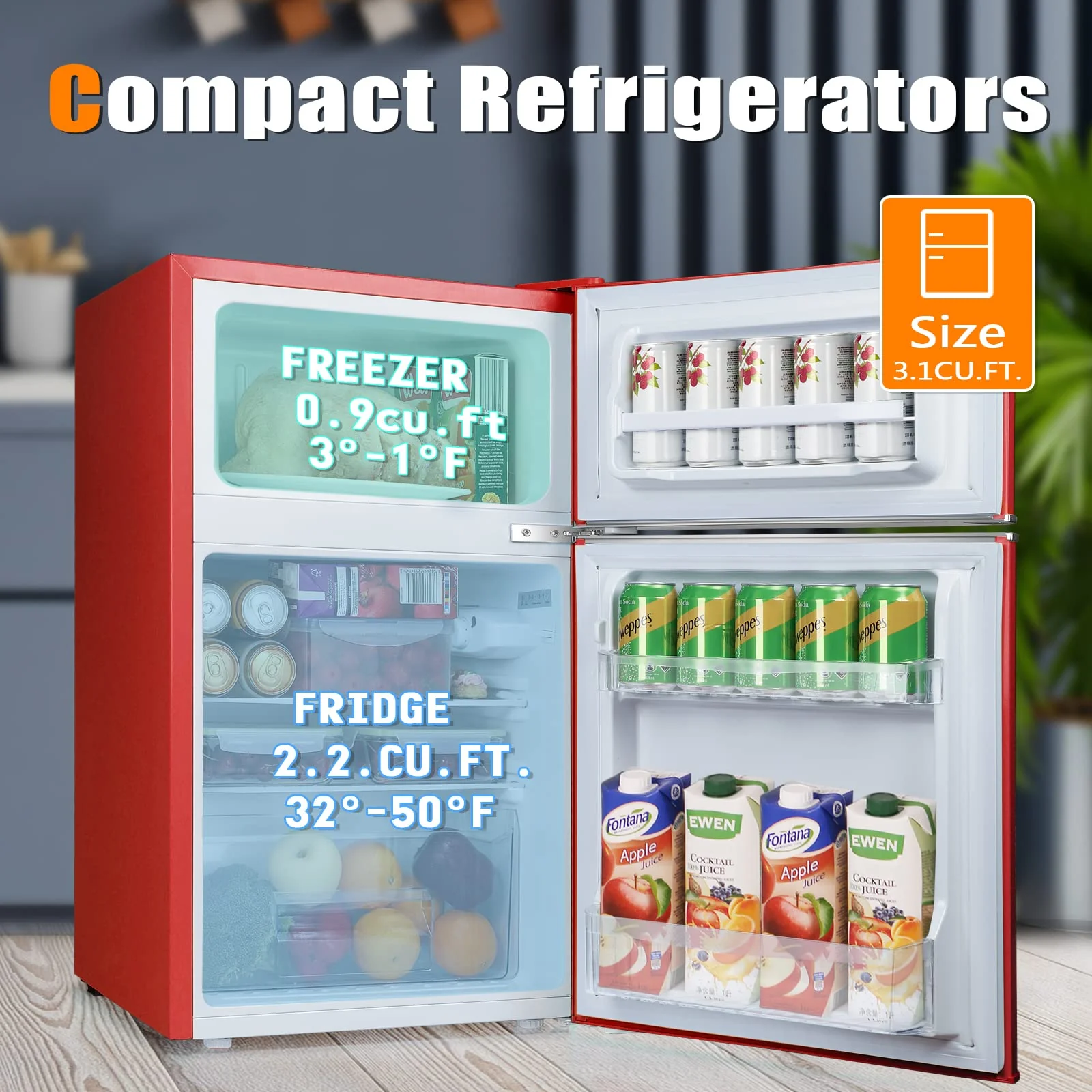 Kismile  Mini Fridge 3.1Cu.Ft Compact Refrigerator 2-Doors Freezer