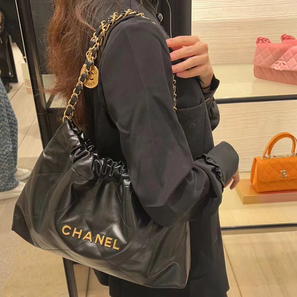 Chanel 22 Bag Handbag Black Shiny Calfskin 45cm