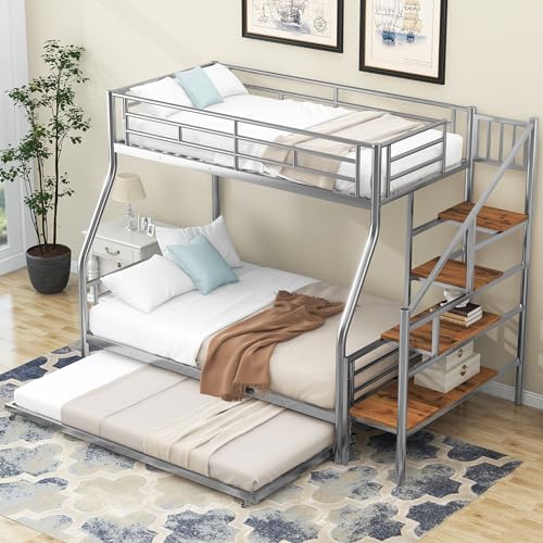 Twin Over Full Bunk Bed - Metal Full Size Bed with Trundle and Storage Staircase, Heavy Duty Bed Frame with Safety Guaedrail, Space Saving Design for Bedroom, Guest Room, Apartment, Dormitory, Silver