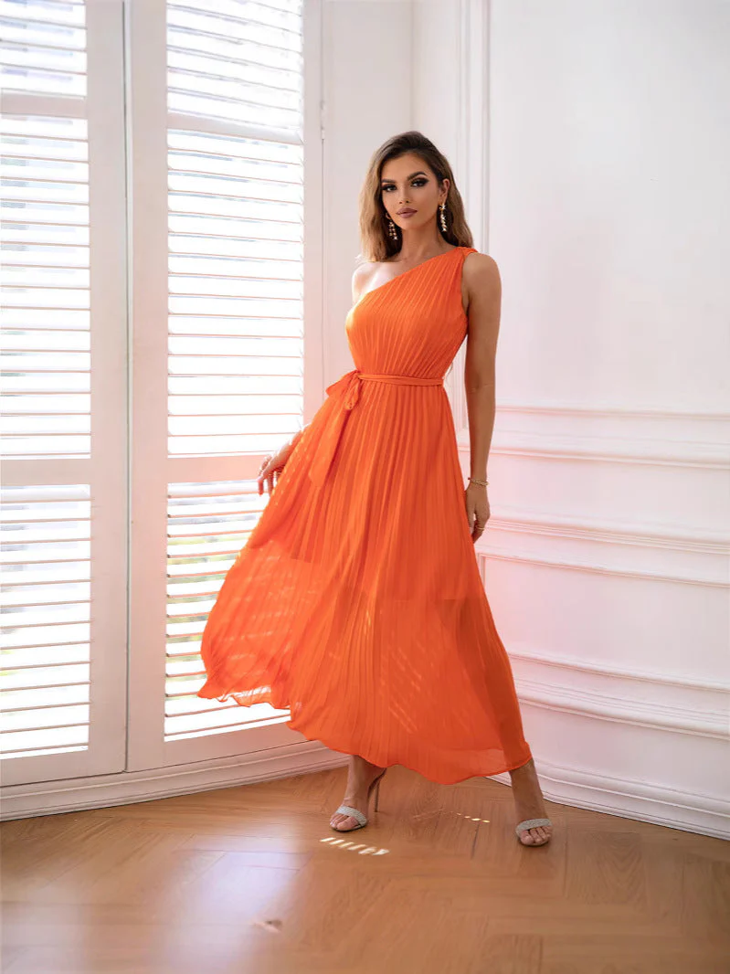 One Shoulder Maxi Dress: Elegant Chiffon Pleated Evening GownClistos