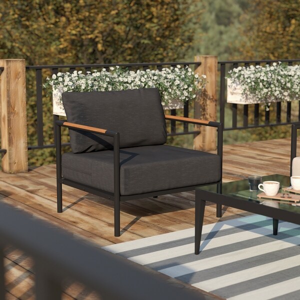 Aluminum Frame Patio Chair with Teak Arm Accents and Plush Cushions