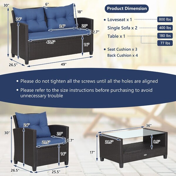 Costway 4 PCS Patio Rattan Furniture Set Glass Table Shelf Sofa