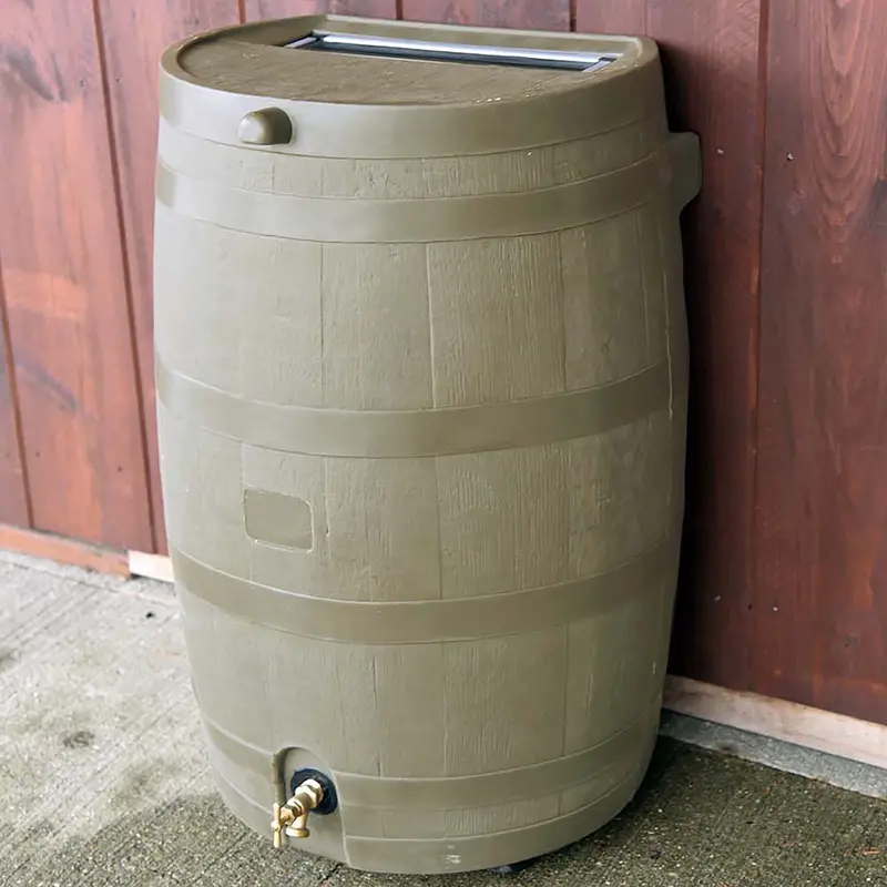 RTS Home Accents Polyethylene 50 Gallon Flat Back Brass Spigot Rain Barrel, Oak Color
