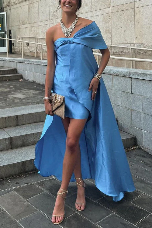 One Shoulder Satin Maxi Dress with Bow AccentClistos