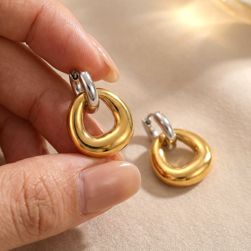 Chunky Gold Plated Stainless Steel Hoop Earrings for Women Puffy Teardrop Dangle Earrings Minimalist Geometric Statement Jewelry
