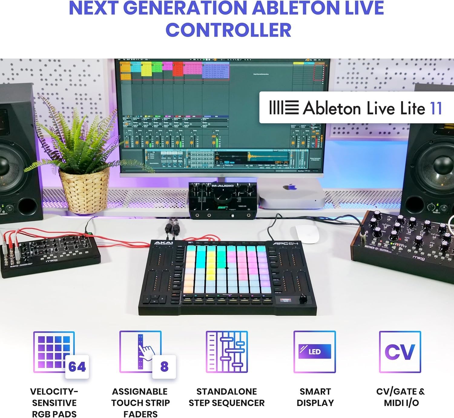MIDI Controller with 8 Touch Strips, Step Sequencer, 64 RGB Velocity-Sensitive Pads, CV Gates, MIDI In and Out, USB-C