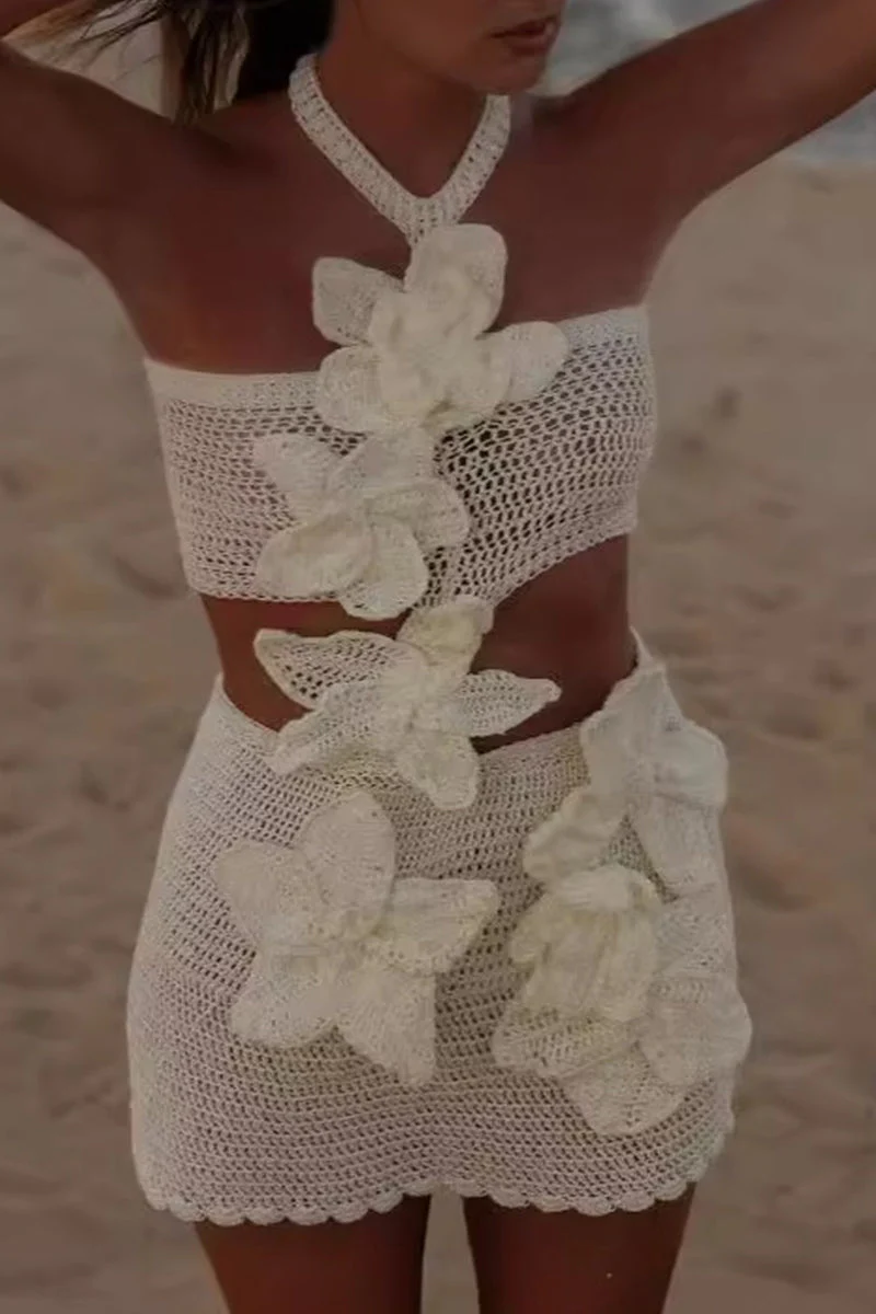 Crochet Halter Crop Top & Mini Skirt SetClistos