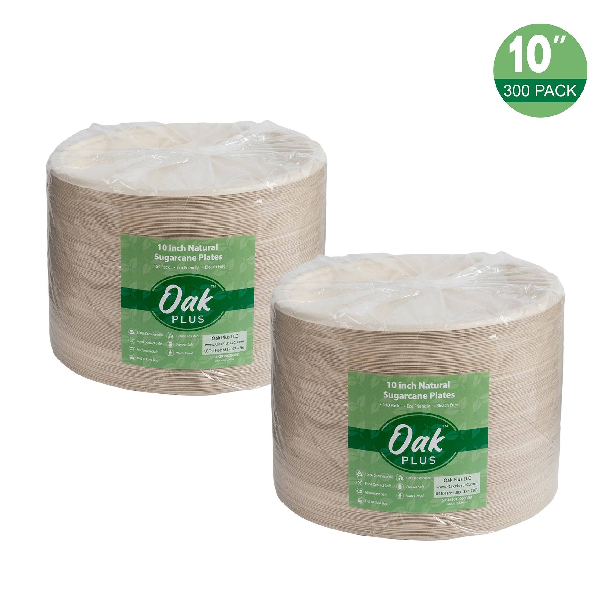 Oak Plus 10 inch Natural Compostable u0026 Disposable Sugarcane Plates, 300 Pack