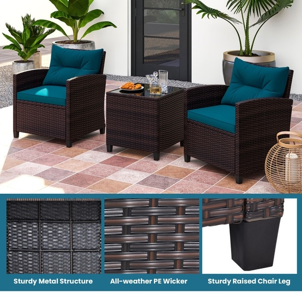 3 Pieces Rattan Patio Furniture Set with Washable Cushion