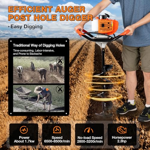 Auger Post Hole Digger for Garden, 52CC Gas Powered Engine Earth Digger 2-Stroke with 4