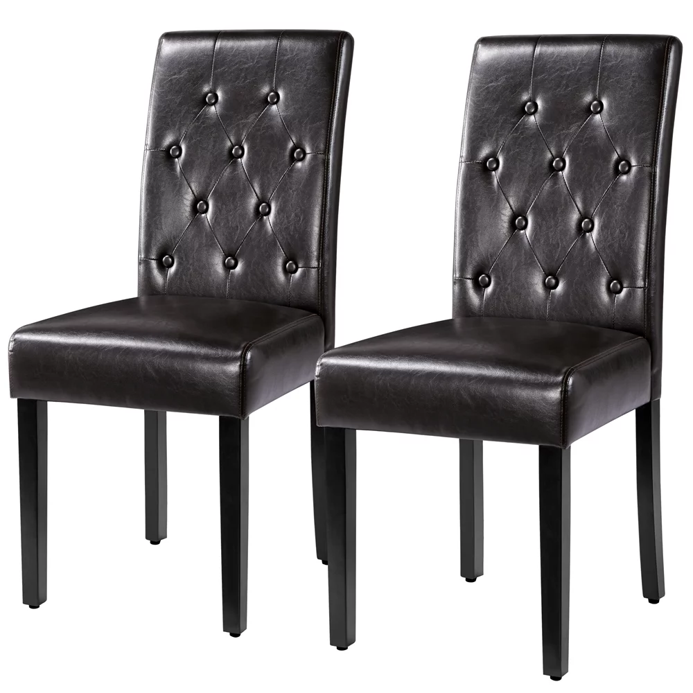 Topeakmart 2pcs Tufted Padded Faux Leather Dining Chair Kitchen Chair with Solid Wood Legs, Brown