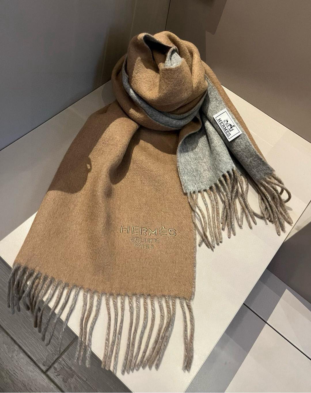 Hermes Cashmere Scarf Colorblock Beige Gray For Women 180cm