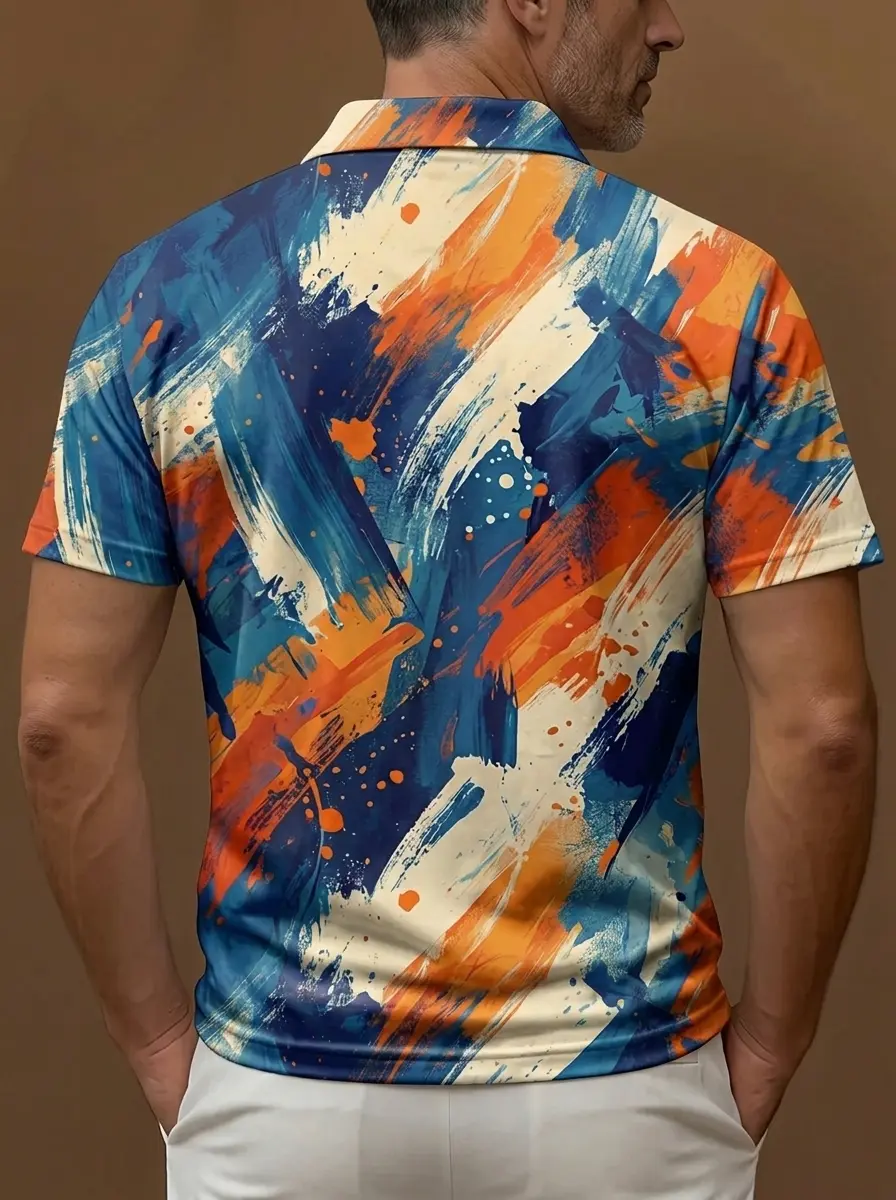 Blue Orange White Abstract Brushstroke Print Short Sleeve Golf Polo Shirt