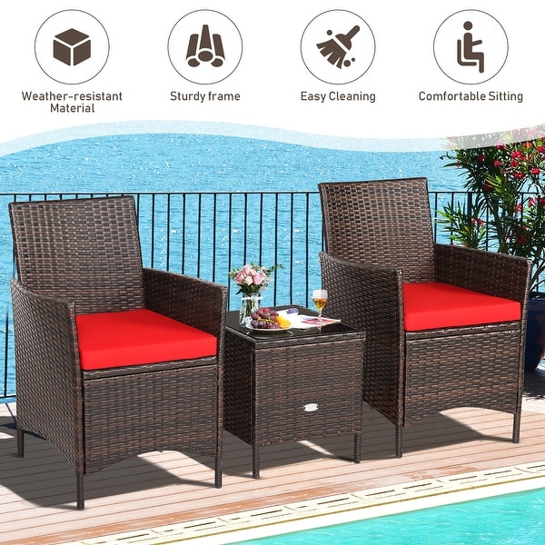 Costway 3PCS Patio Rattan Furniture Set Cushioned Sofa Glass Tabletop